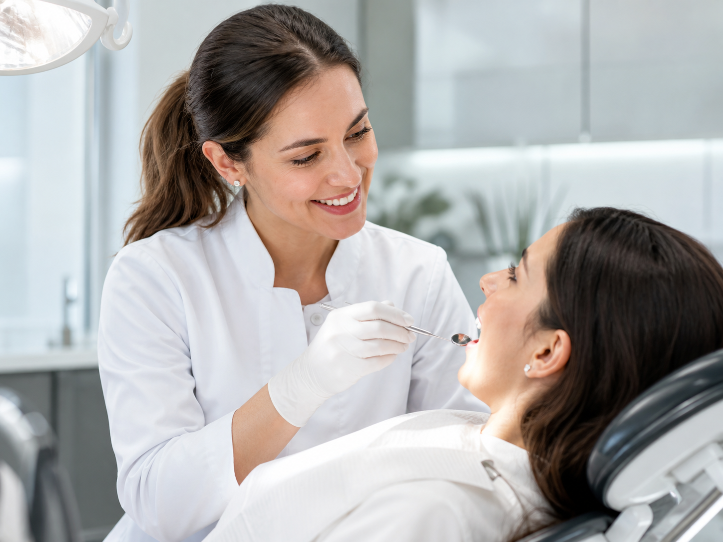 Dentiste accueillant une patiente en consultation